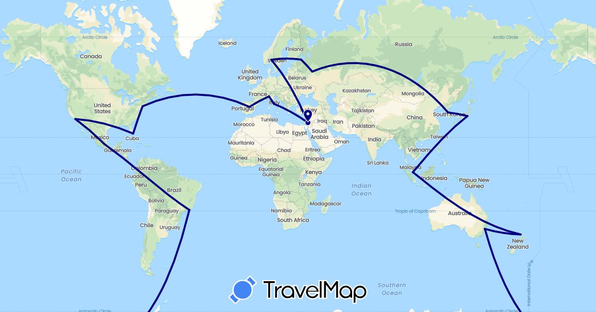 TravelMap itinerary: driving in Australia, Brazil, Spain, Israel, Italy, Japan, South Korea, Mexico, Norway, New Zealand, Russia, Singapore, United States (Asia, Europe, North America, Oceania, South America)